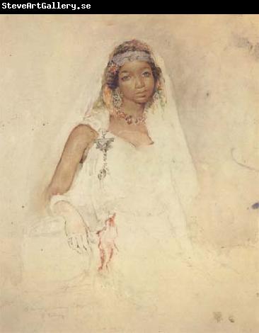 Mariano Fortuny y Marsal Portrait d'une jeune fille marocaine,crayon et aquarelle (mk32)